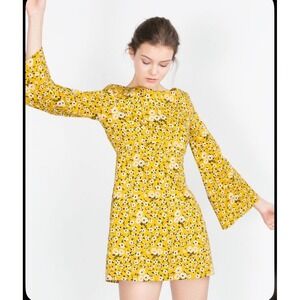 Zara Trafaluc Women's Retro Style Floral Bell Sleeve‎ Mini Dress Yellow Sz M
